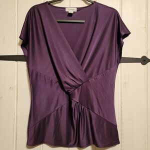 Calvin Klein Plum Satin Twist Front Peplum Blouse Dressy Chic Twist Size Medium